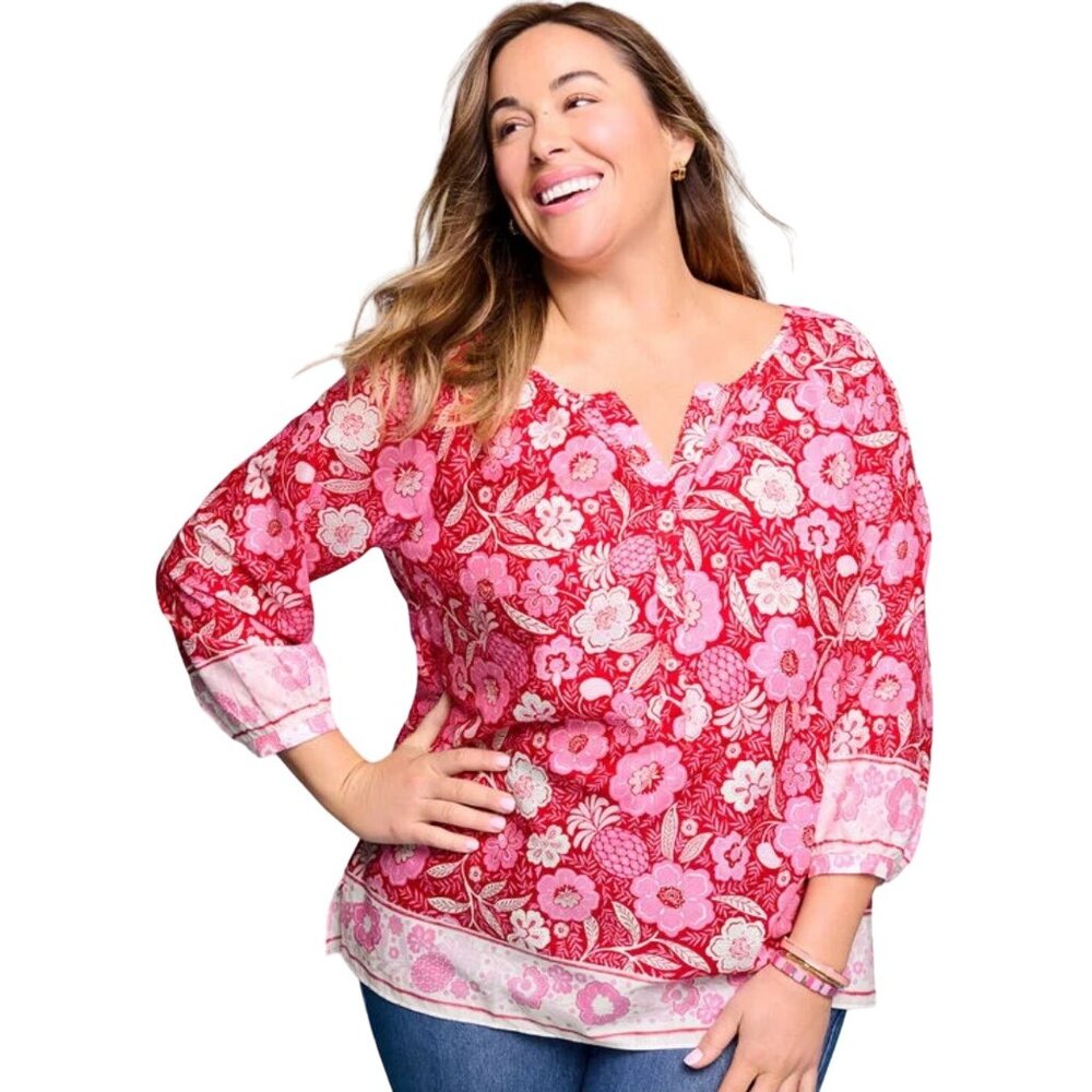 Talbots Pink and Red Floral Split-Neck Blouse